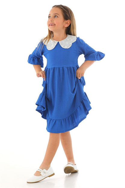 Girl's Saks Colored Half Sleeve Gathered Collar Lace Detailed Dress