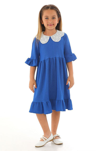 Girl's Saks Colored Half Sleeve Gathered Collar Lace Detailed Dress