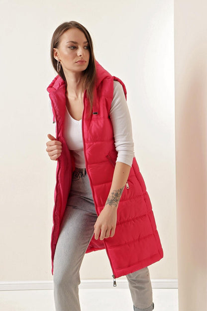 5140 Hooded Long Puffer Vest - Fuchsia