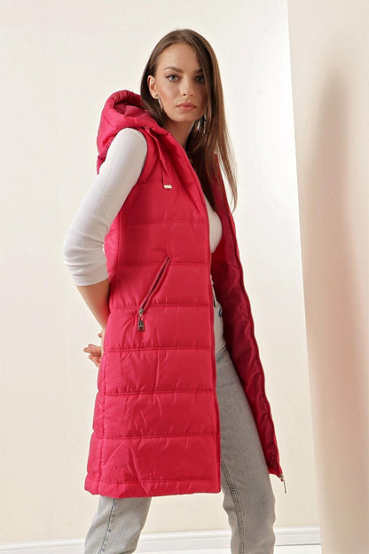 5140 Hooded Long Puffer Vest - Fuchsia