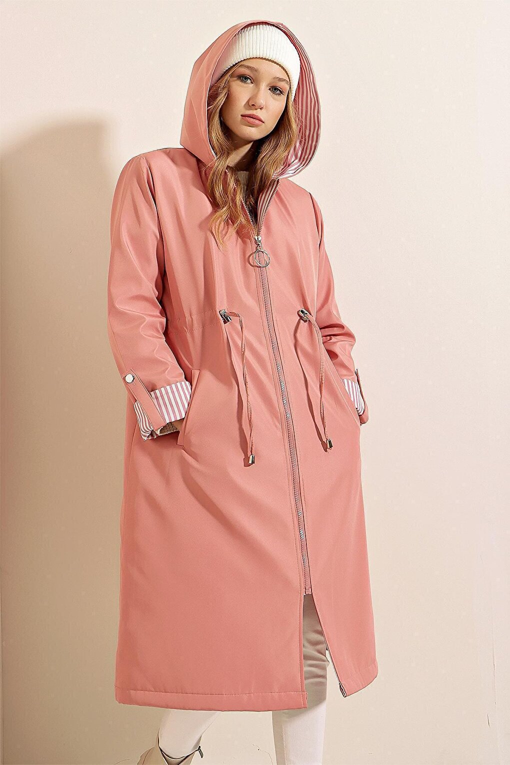 9091 Gathered Waist Hooded Trench Coat - Pink