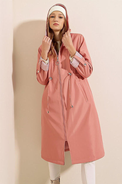 9091 Gathered Waist Hooded Trench Coat - Pink