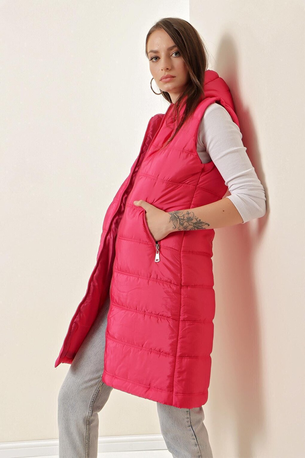 5140 Hooded Long Puffer Vest - Fuchsia