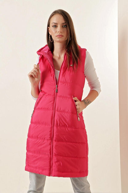 5140 Hooded Long Puffer Vest - Fuchsia