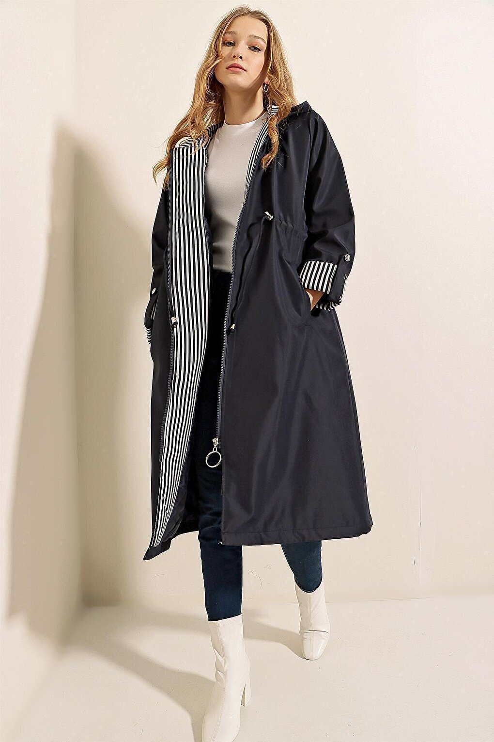 9091 Gathered Waist Hooded Trench Coat - Navy Blue