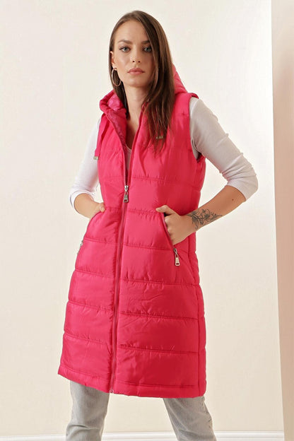 5140 Hooded Long Puffer Vest - Fuchsia