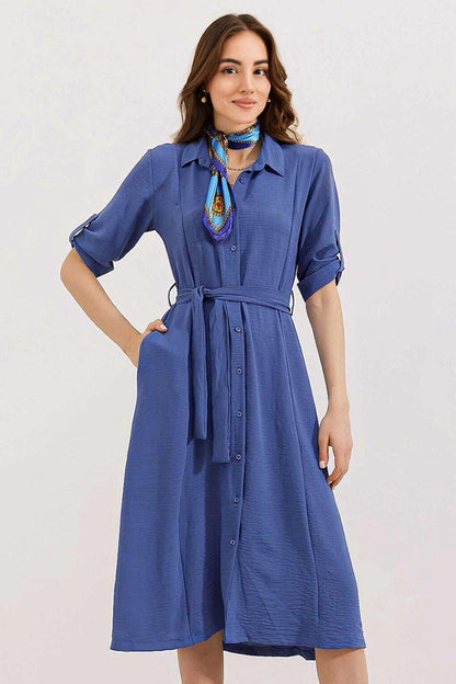 Women's Blue Hidden Pocket Belted Viscose Shirt Dress HZL24S-BD124421