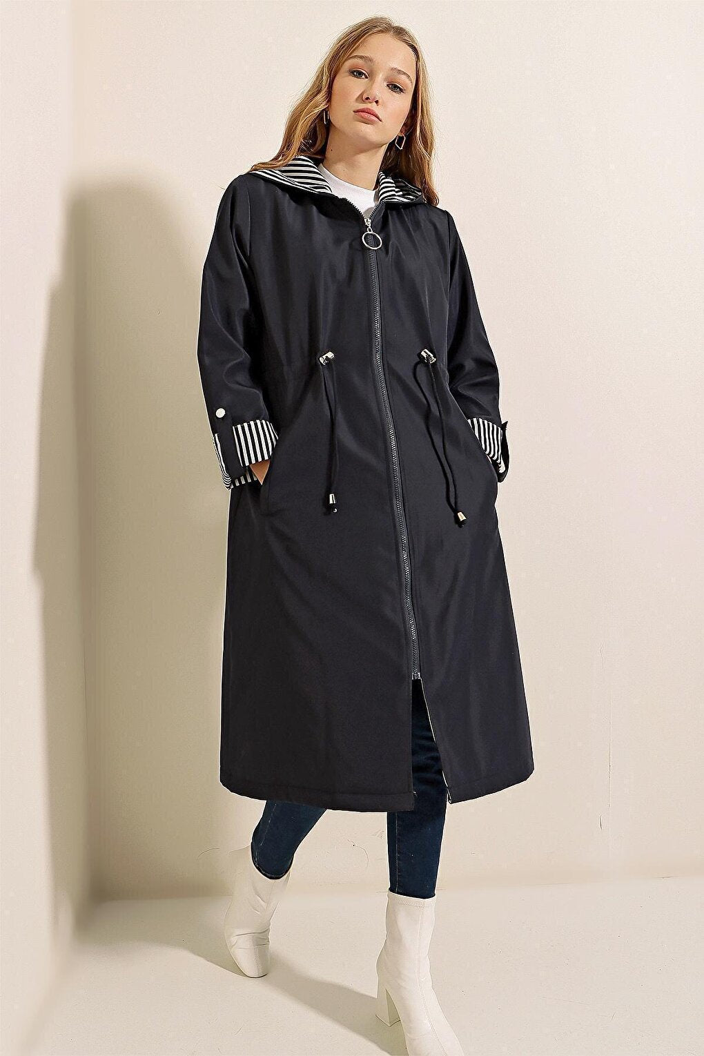 9091 Gathered Waist Hooded Trench Coat - Navy Blue