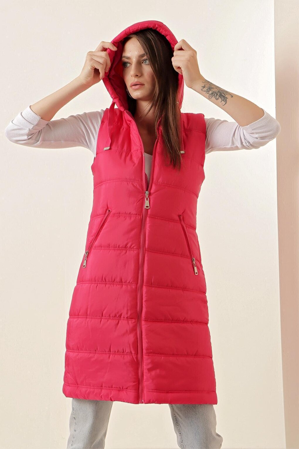 5140 Hooded Long Puffer Vest - Fuchsia