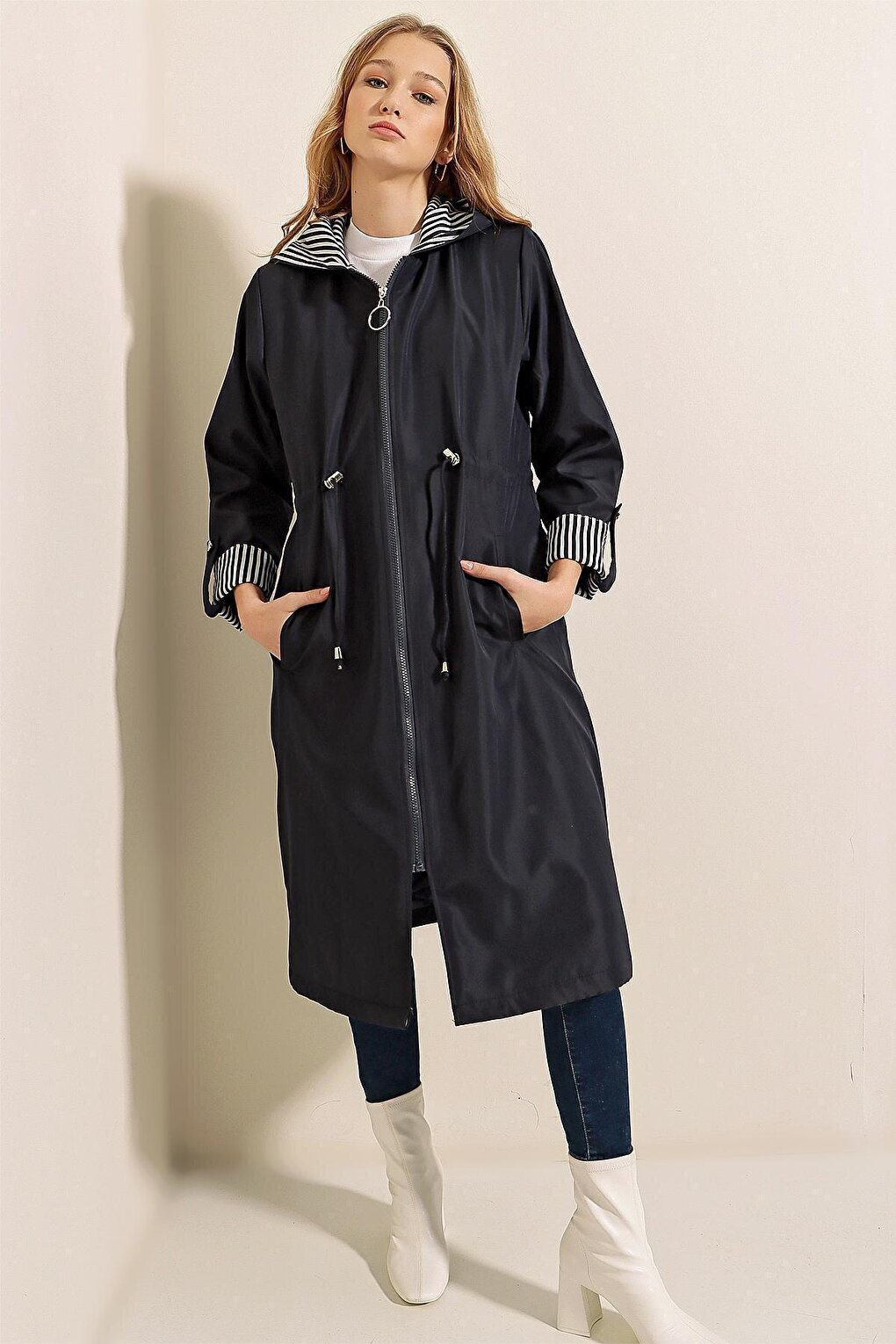 9091 Gathered Waist Hooded Trench Coat - Navy Blue