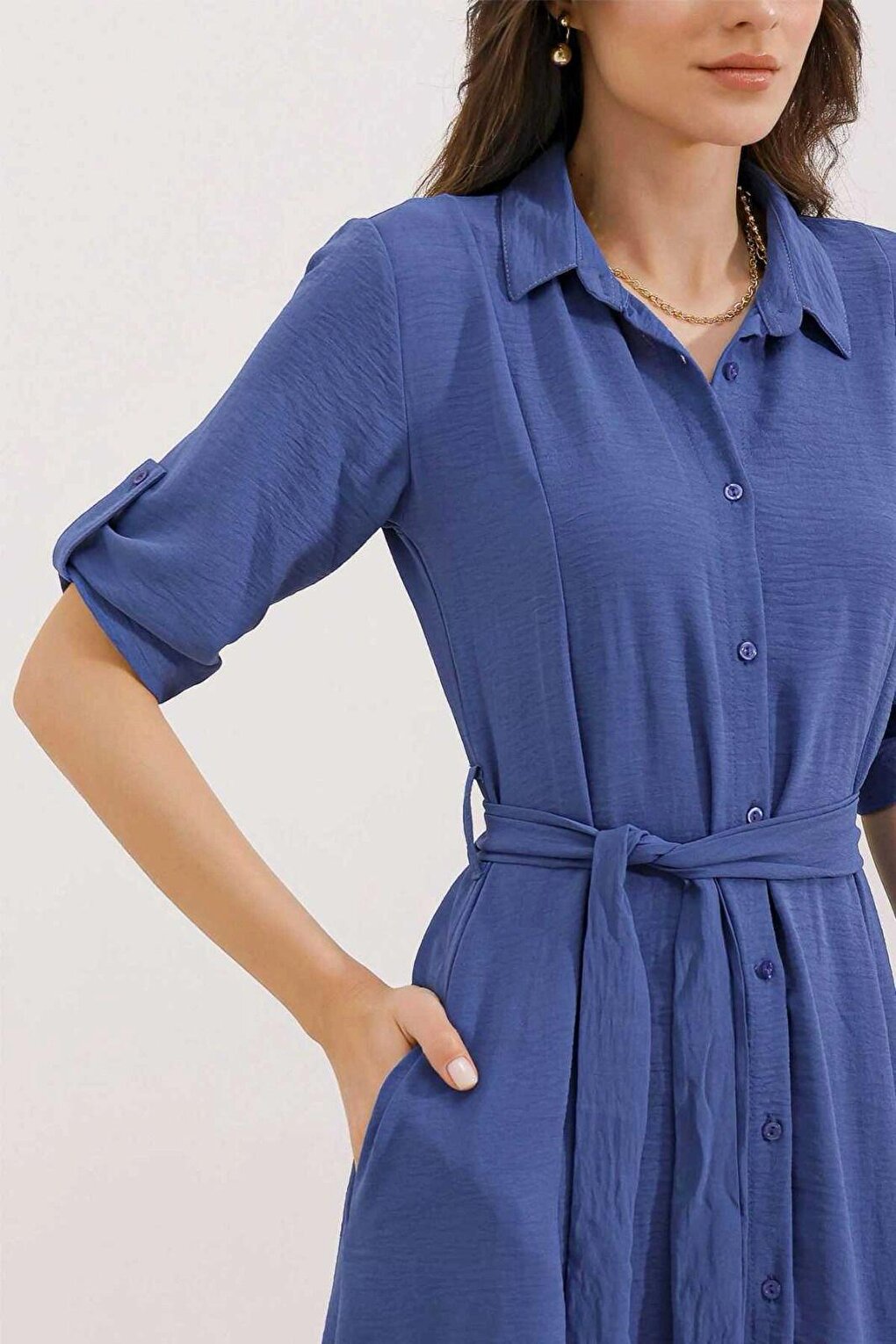 Women's Blue Hidden Pocket Belted Viscose Shirt Dress HZL24S-BD124421