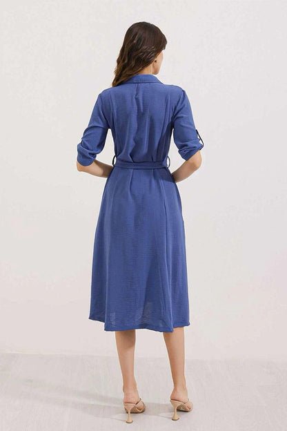 Women's Blue Hidden Pocket Belted Viscose Shirt Dress HZL24S-BD124421