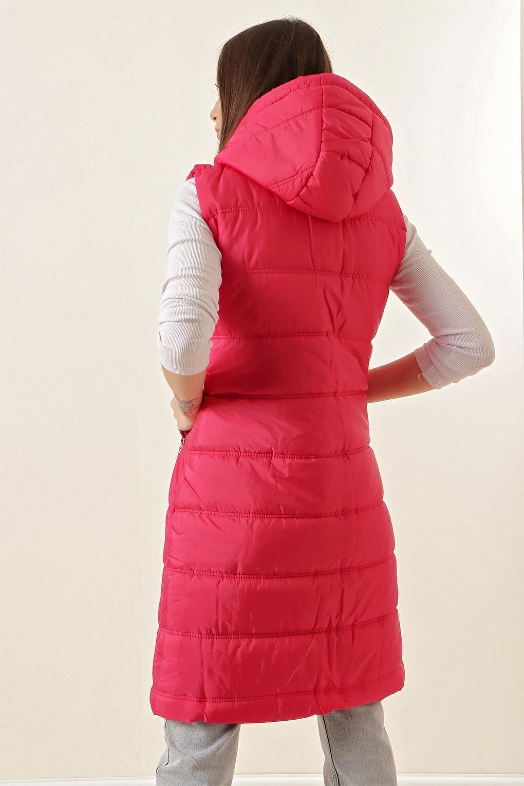 5140 Hooded Long Puffer Vest - Fuchsia