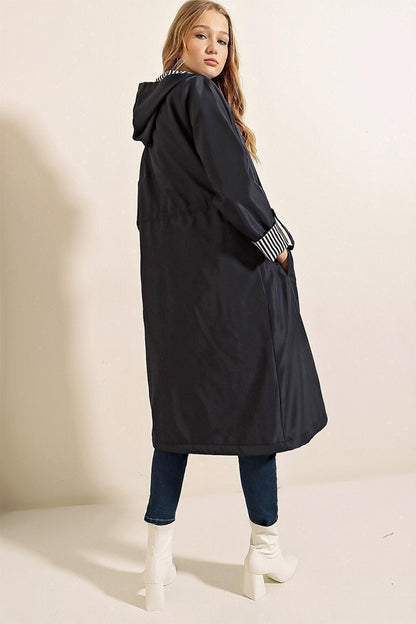 9091 Gathered Waist Hooded Trench Coat - Navy Blue