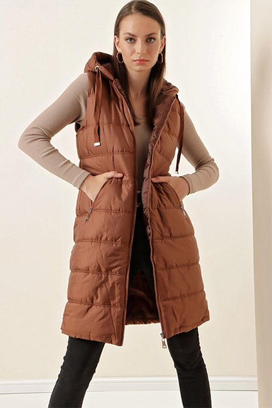 5140 Hooded Long Puffer Vest - Tan