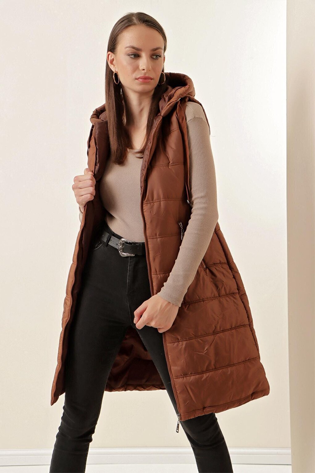 5140 Hooded Long Puffer Vest - Tan