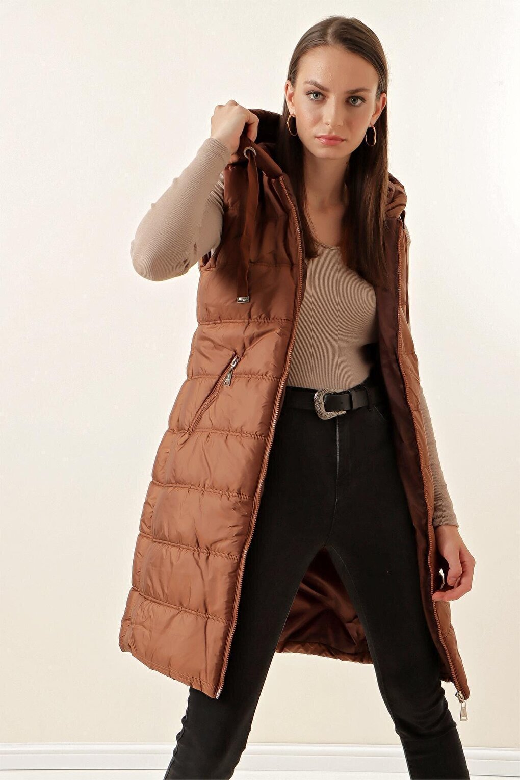 5140 Hooded Long Puffer Vest - Tan