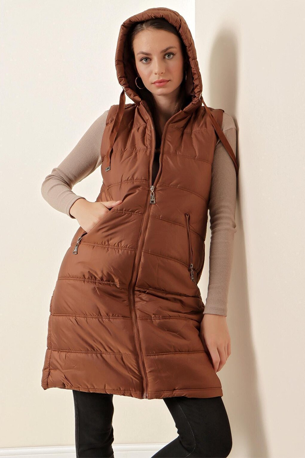 5140 Hooded Long Puffer Vest - Tan