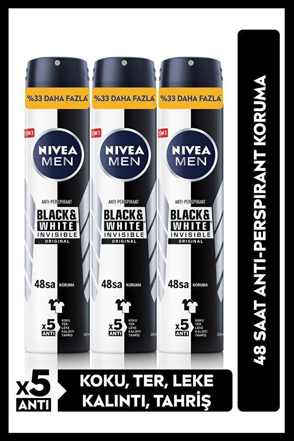 MEN Men's Spray Deodorant Black&amp;White Invisible Original 48 Hours Anti-perspirant Protection 200mlx3Pcs