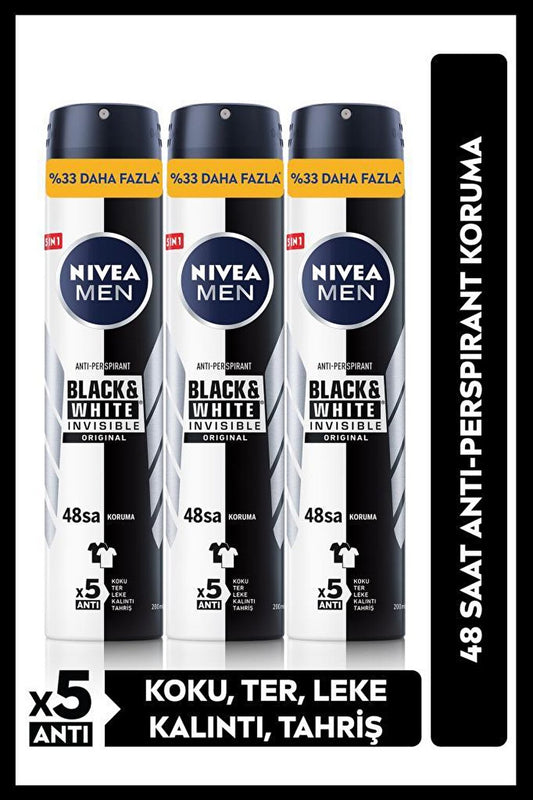 MEN Men's Spray Deodorant Black&amp;White Invisible Original 48 Hours Anti-perspirant Protection 200mlx3Pcs