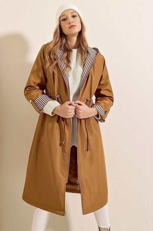 9091 Gathered Waist Hooded Trench Coat - Tan