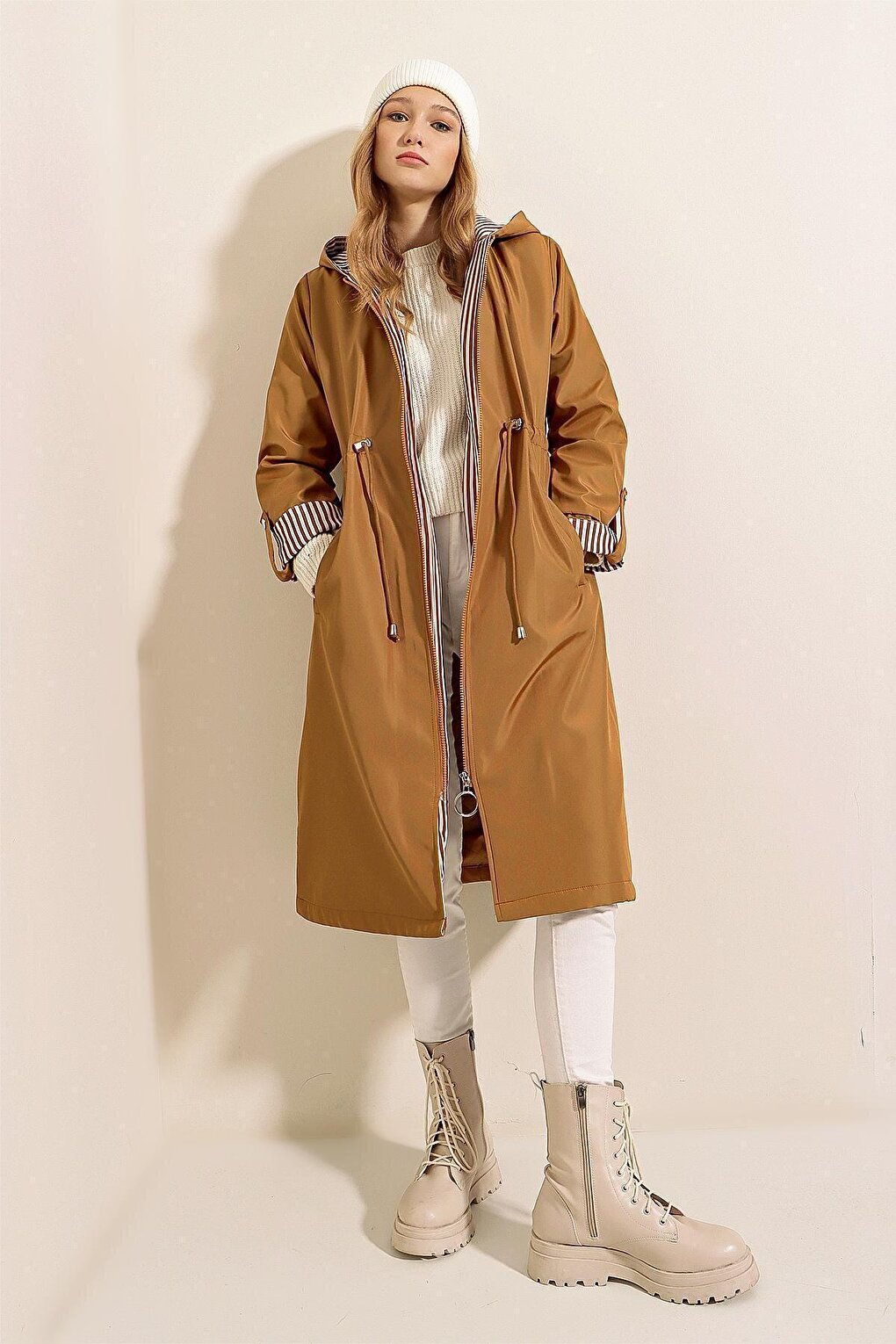 9091 Gathered Waist Hooded Trench Coat - Tan