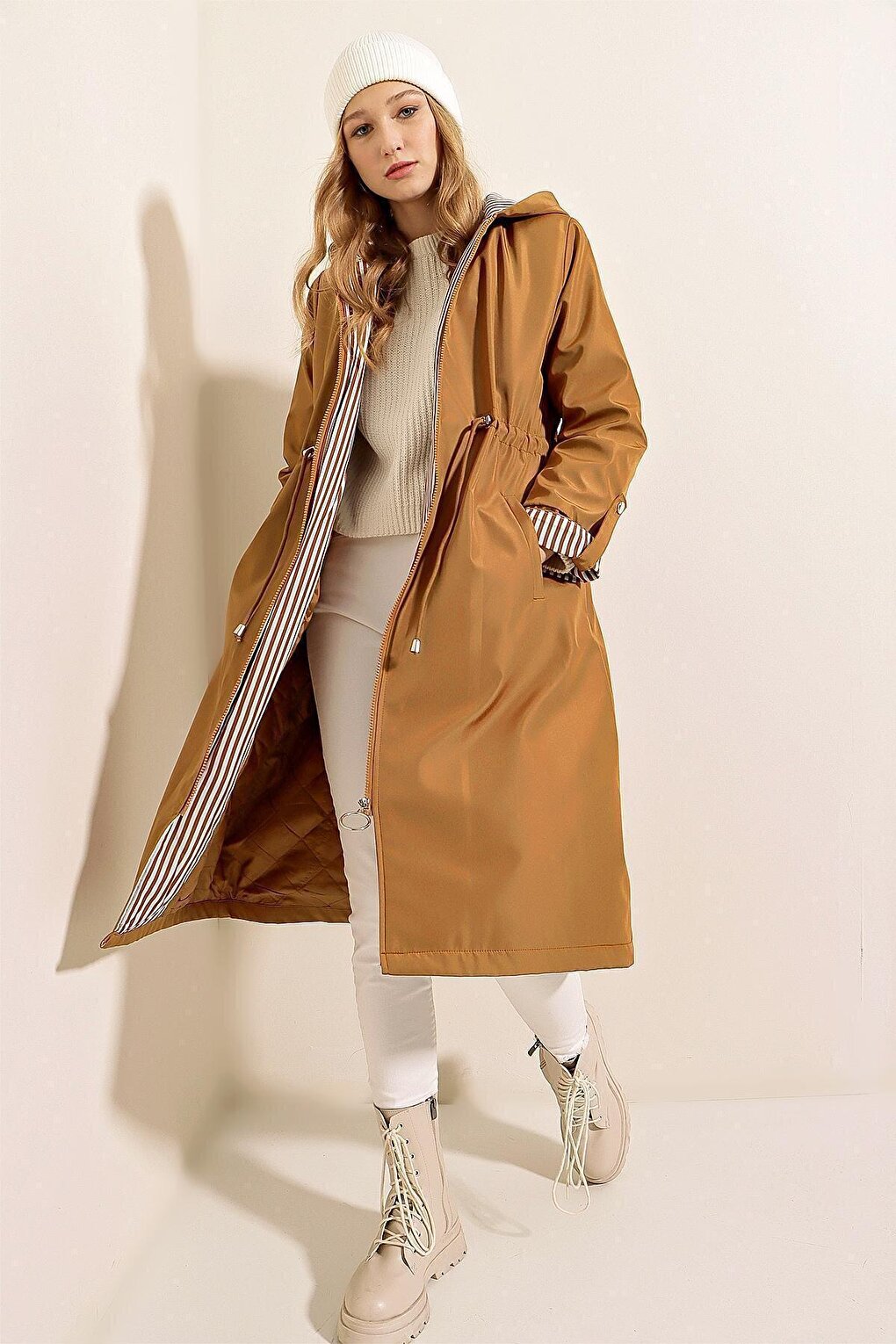 9091 Gathered Waist Hooded Trench Coat - Tan