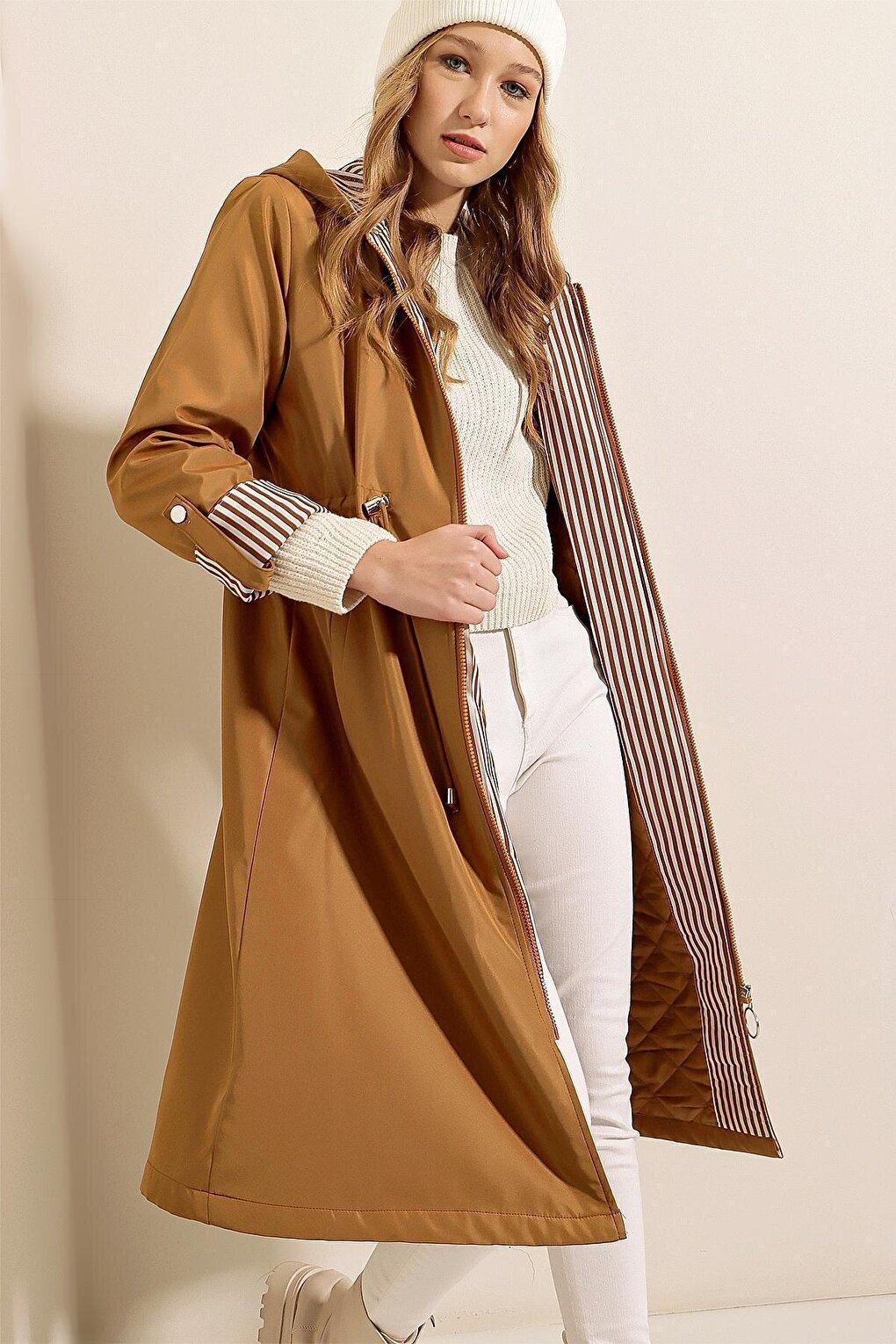 9091 Gathered Waist Hooded Trench Coat - Tan