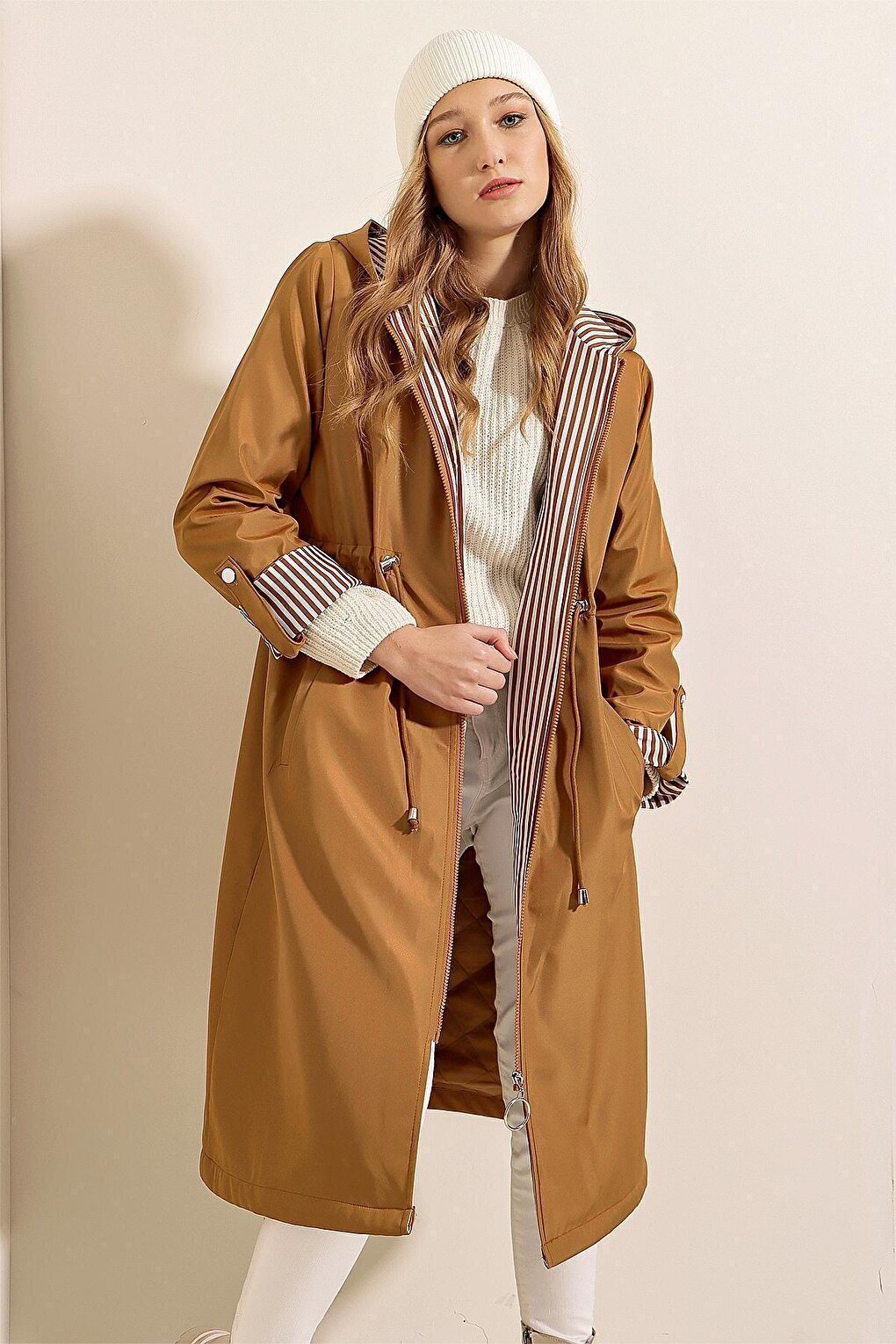 9091 Gathered Waist Hooded Trench Coat - Tan