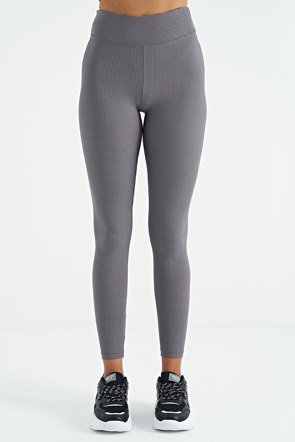 Dark Gray Logo Printed High Waist Slim Fit Ribbed Women's Leggings - 94642