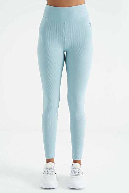 Light Blue Logo Printed High Waist Slim Fit Ribbed Women's Leggings - 94642