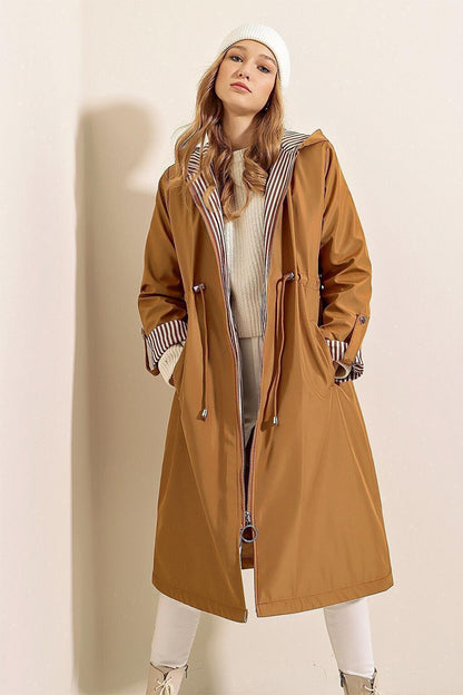 9091 Gathered Waist Hooded Trench Coat - Tan