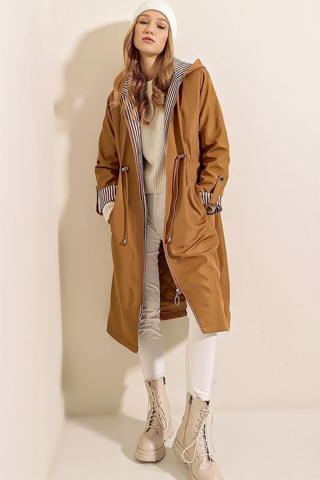 9091 Gathered Waist Hooded Trench Coat - Tan