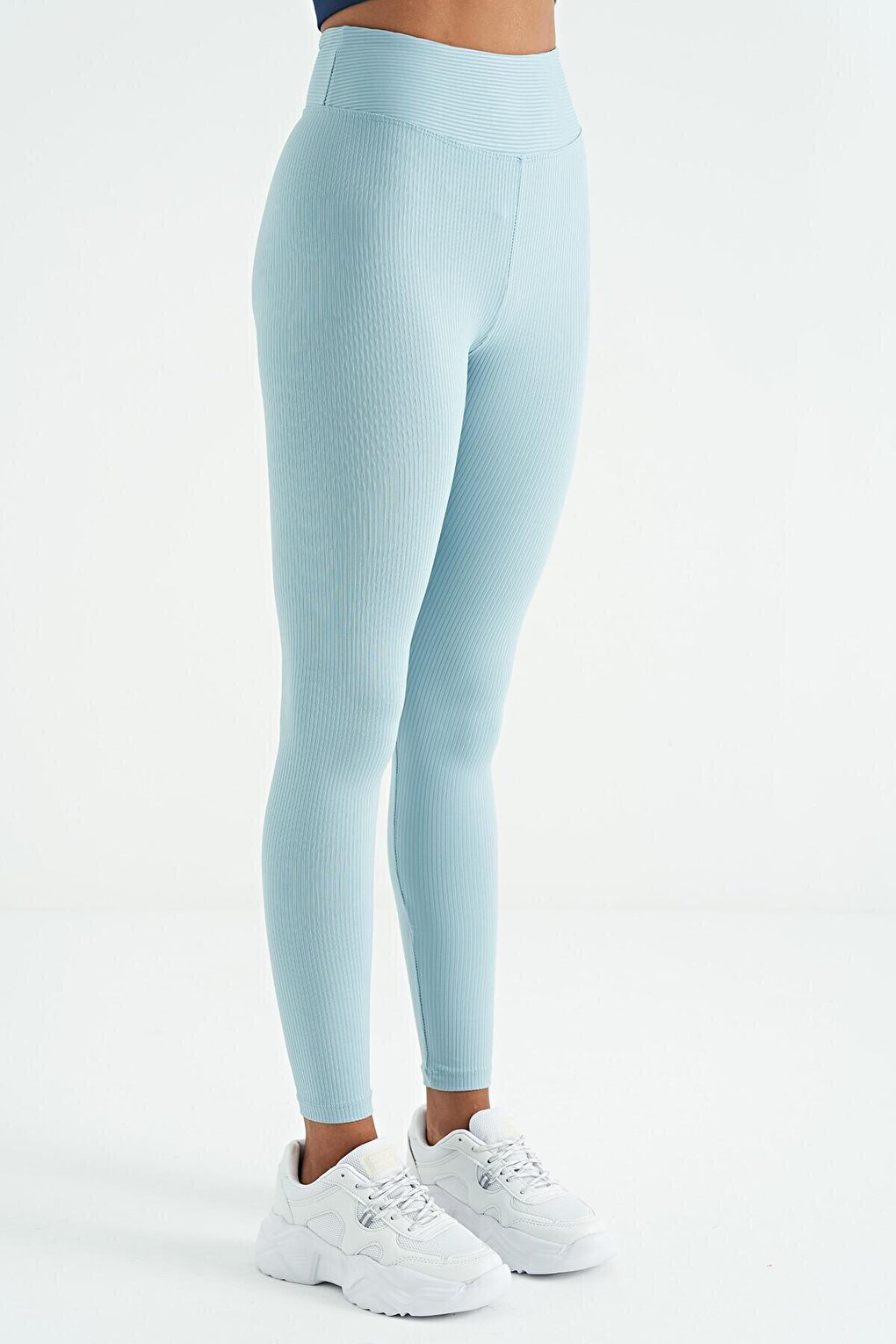 Light Blue Logo Printed High Waist Slim Fit Ribbed Women's Leggings - 94642