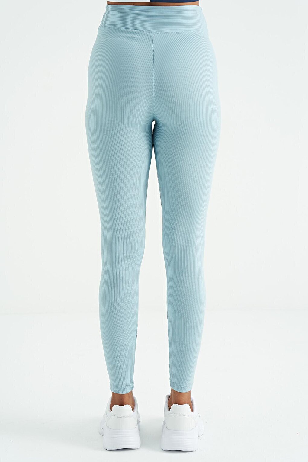 Light Blue Logo Printed High Waist Slim Fit Ribbed Women's Leggings - 94642