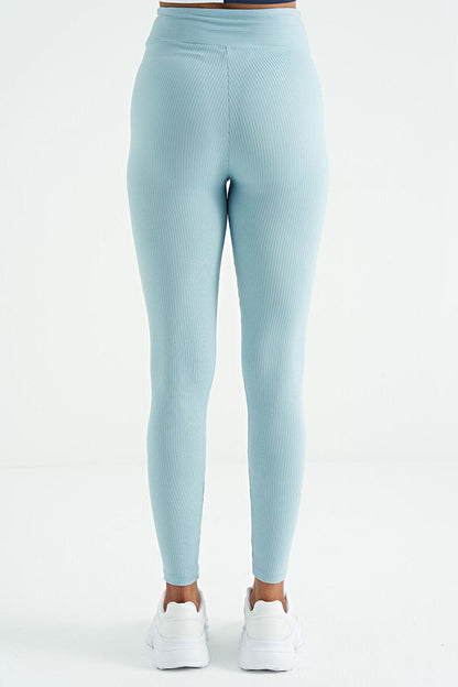 Light Blue Logo Printed High Waist Slim Fit Ribbed Women's Leggings - 94642