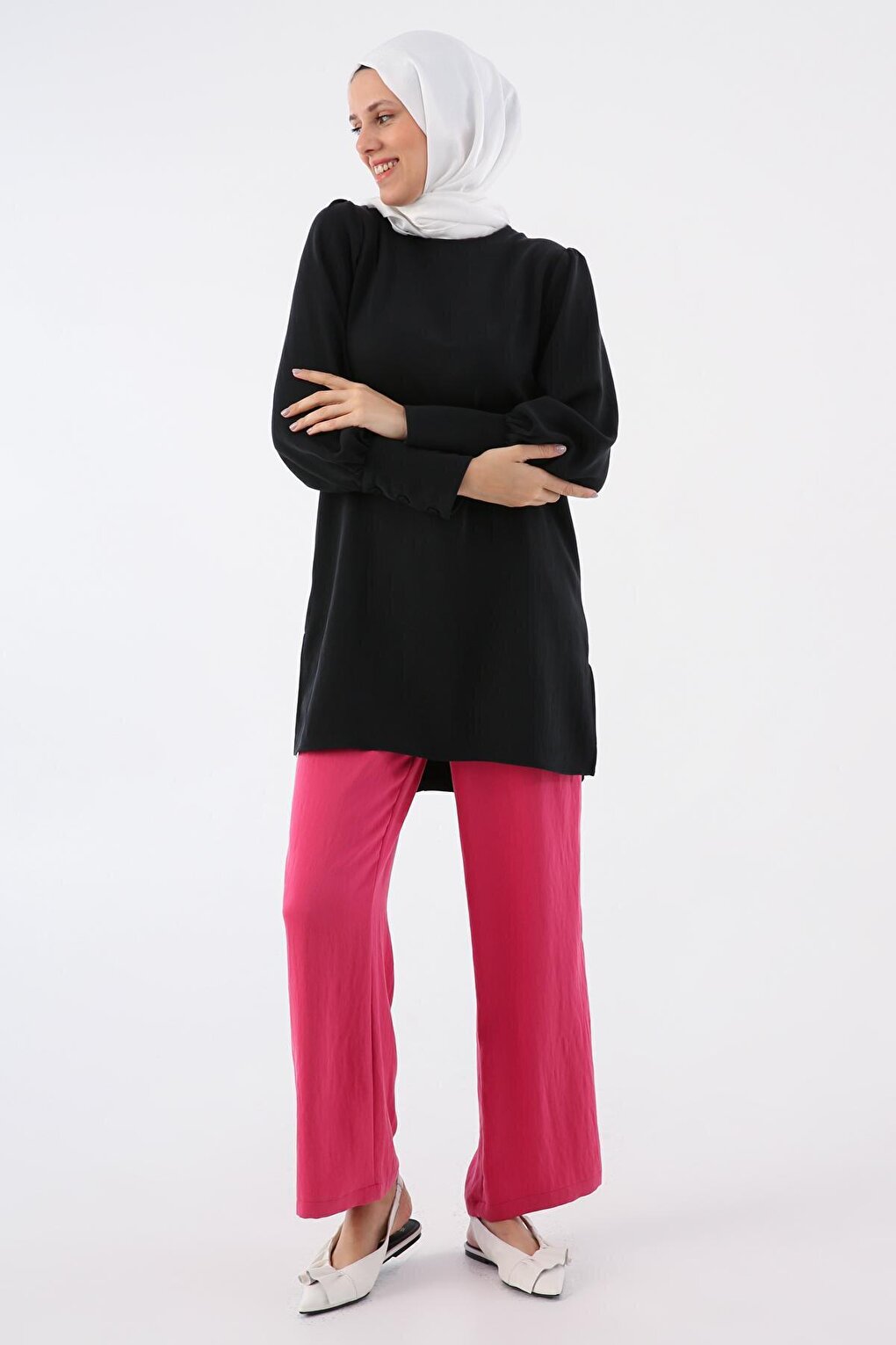 Black Button Detailed Back Slit Crew Neck Wide Cuff Tunic