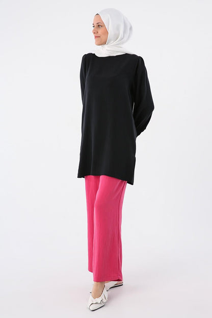 Black Button Detailed Back Slit Crew Neck Wide Cuff Tunic