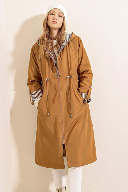 9091 Gathered Waist Hooded Trench Coat - Tan