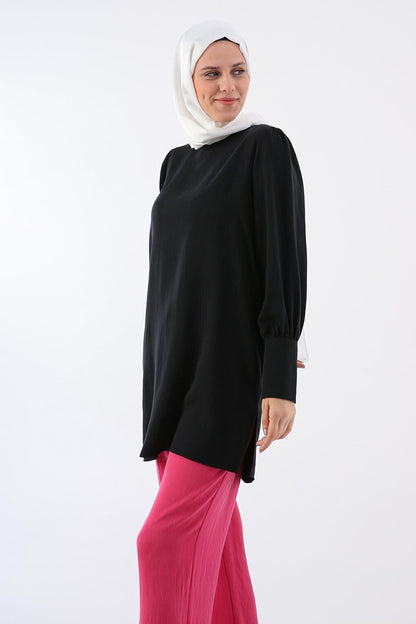 Black Button Detailed Back Slit Crew Neck Wide Cuff Tunic