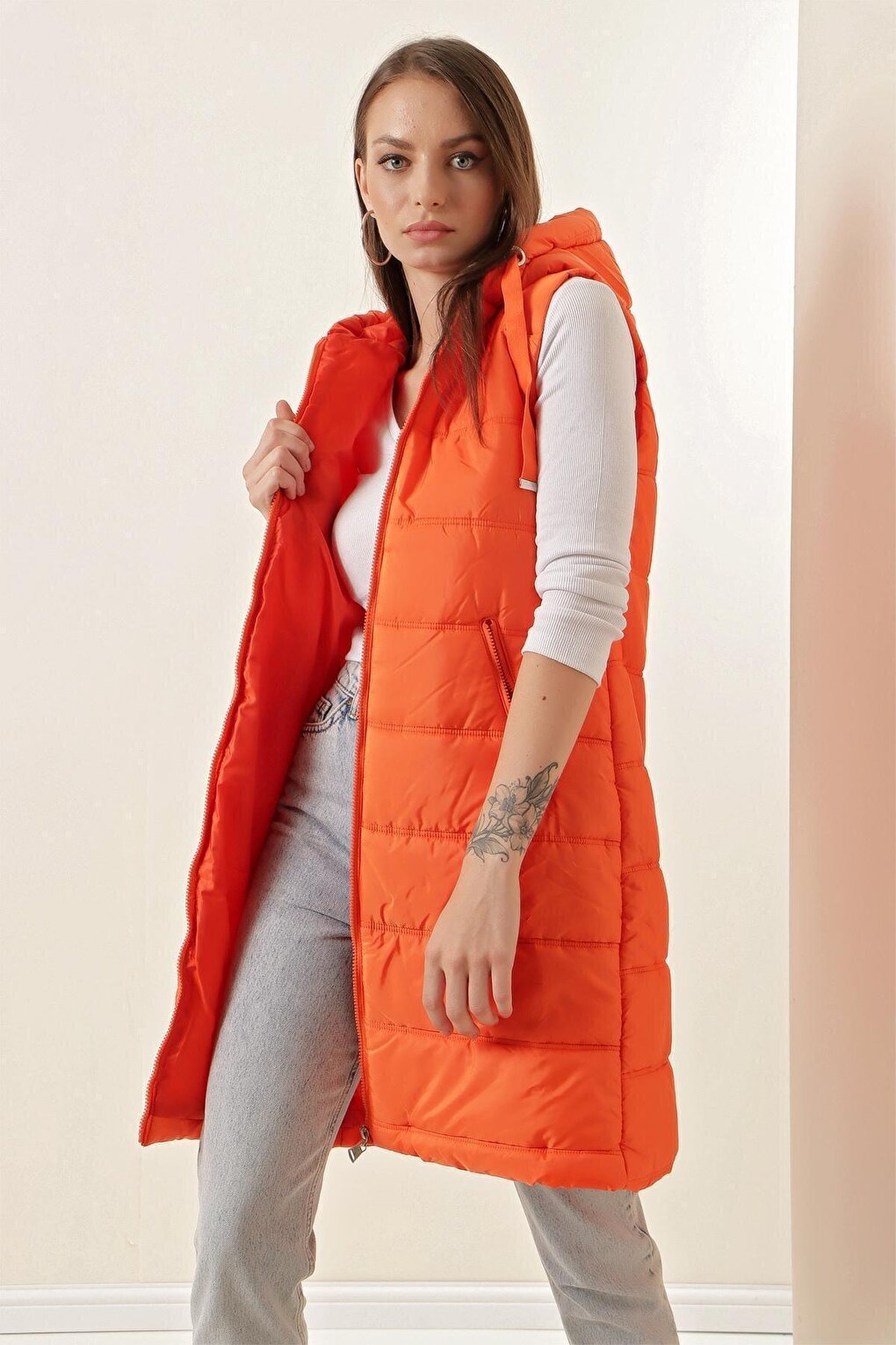 5140 Hooded Long Puffer Vest - Orange