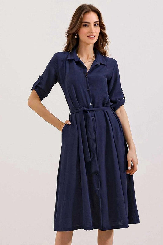 Women's Navy Blue Hidden Pocket Belted Viscose Shirt Dress HZL24S-BD124421