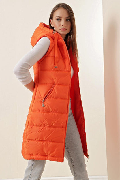 5140 Hooded Long Puffer Vest - Orange