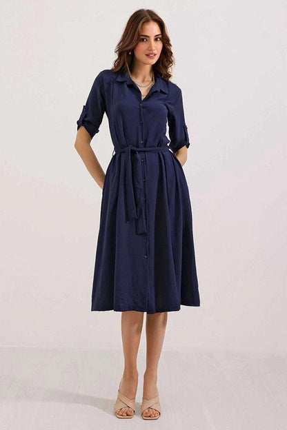 Women's Navy Blue Hidden Pocket Belted Viscose Shirt Dress HZL24S-BD124421