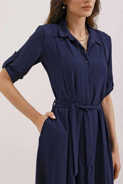 Women's Navy Blue Hidden Pocket Belted Viscose Shirt Dress HZL24S-BD124421