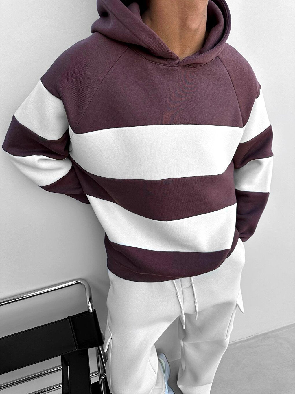 Oversize Striped Hooded Sweatshirt Claret Red