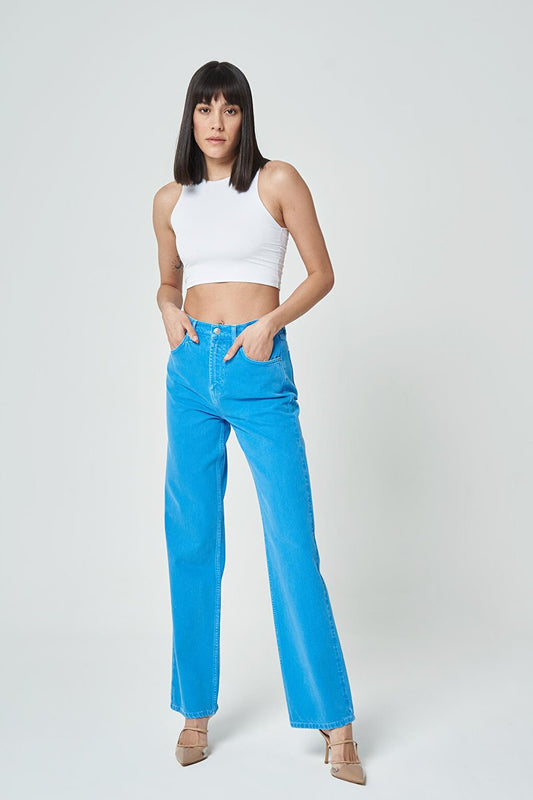 Diana Blue High Waist Dad Straight Fit Zippered Jean Trousers C 4517-047