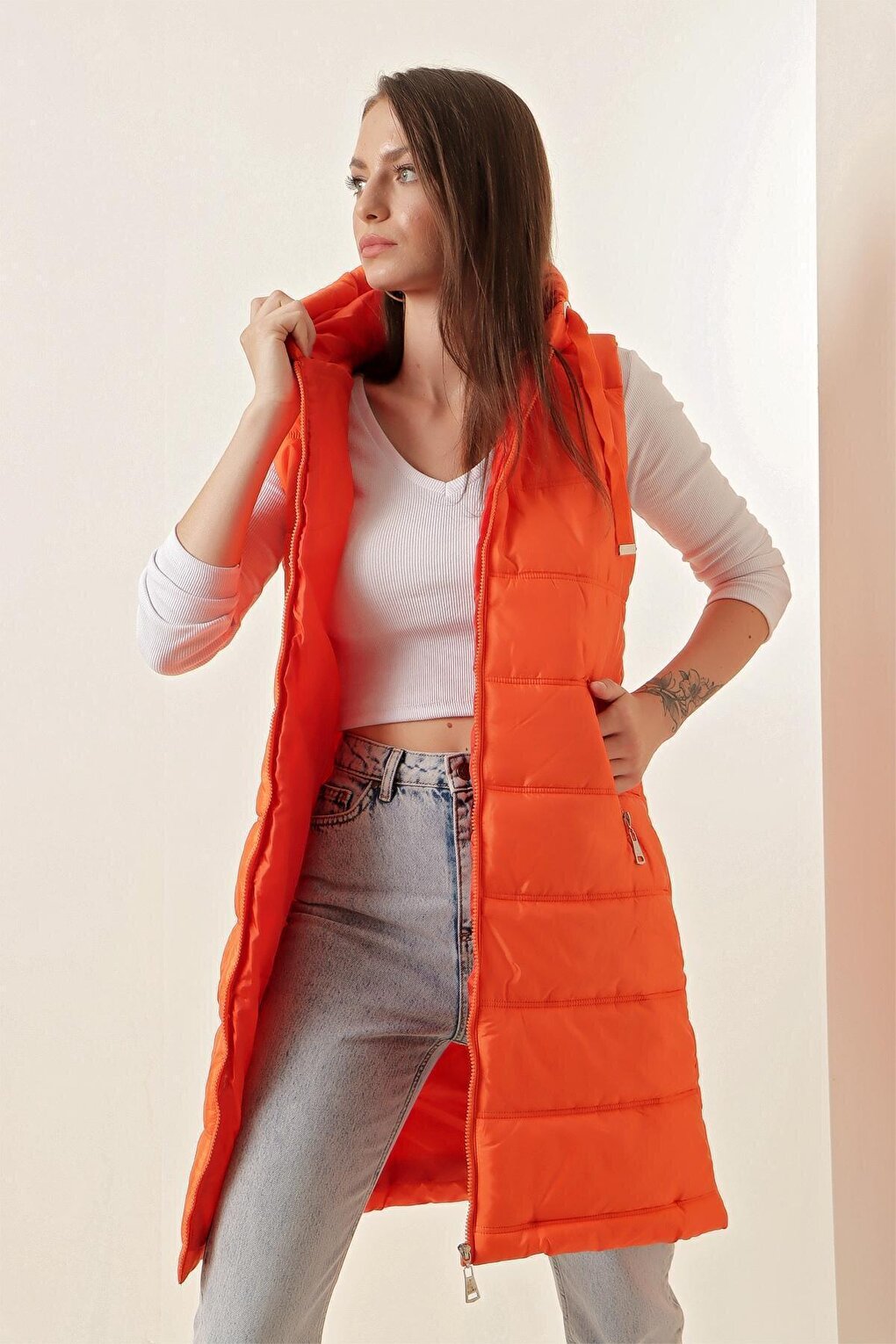 5140 Hooded Long Puffer Vest - Orange