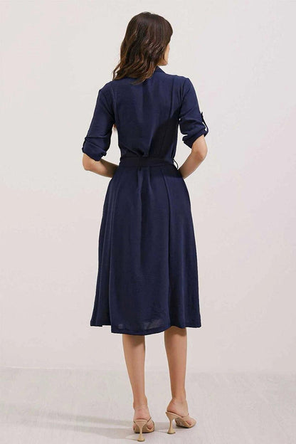 Women's Navy Blue Hidden Pocket Belted Viscose Shirt Dress HZL24S-BD124421