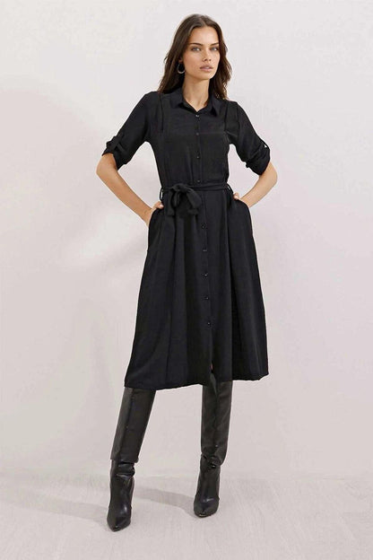 Women's Black Hidden Pocket Belted Viscose Shirt Dress HZL24S-BD124421